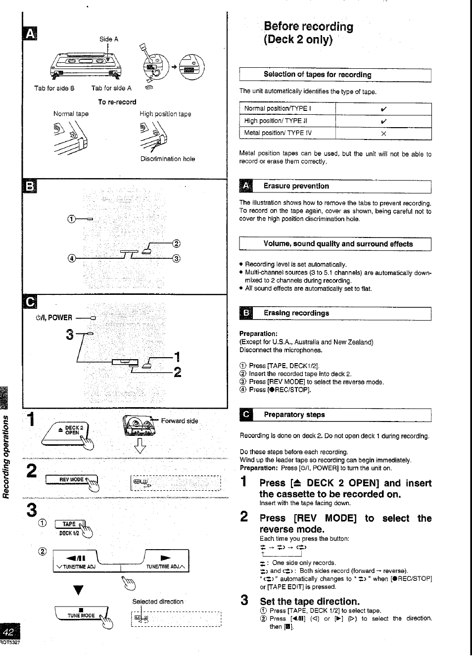 Before recording (deck 2 only), Erasure prevention, Erasing recordings | Preparatory steps, Press [rev mode] reverse mode, Set the tape direction | Panasonic SC-DK2 User Manual | Page 42 / 64