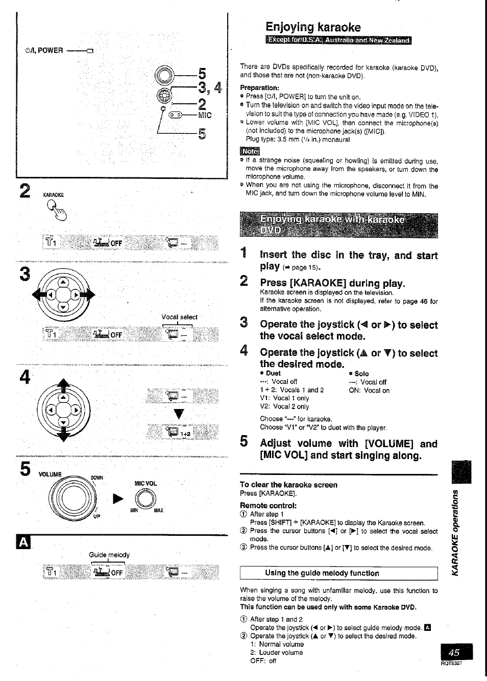 Enjoying karaoke, Insert the disc in the tray, and start, Press [karaoke] during play | To clear the karaoke screen, Remote control, Using the guide melody function, Sslîs, 34 insert the disc in the tray, and start play | Panasonic SC-DK2 User Manual | Page 45 / 64