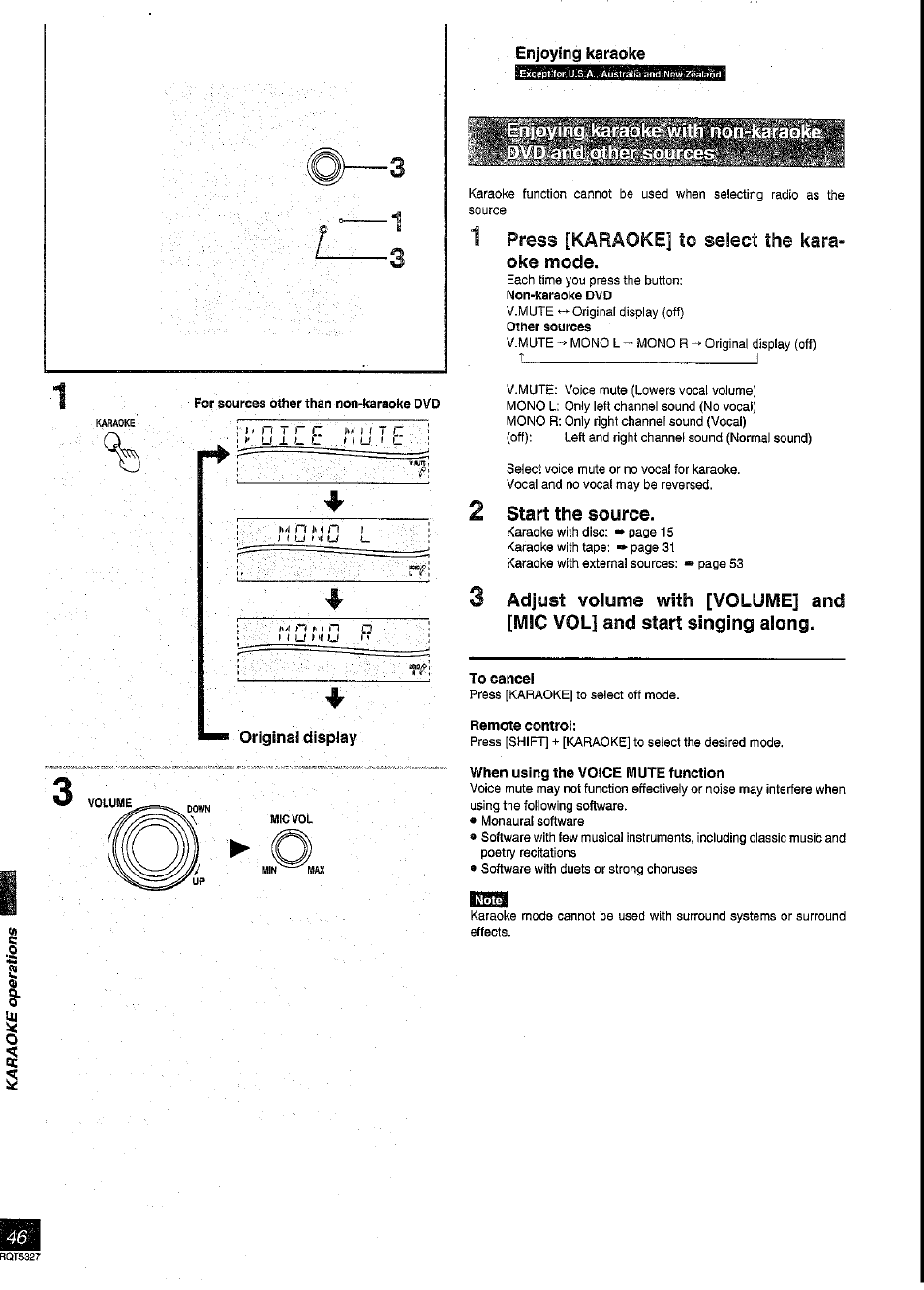 1 press [karaoke] to select the karaoke mode, 2 start the source, To cancel | Remote control, When using the voice mute function | Panasonic SC-DK2 User Manual | Page 46 / 64