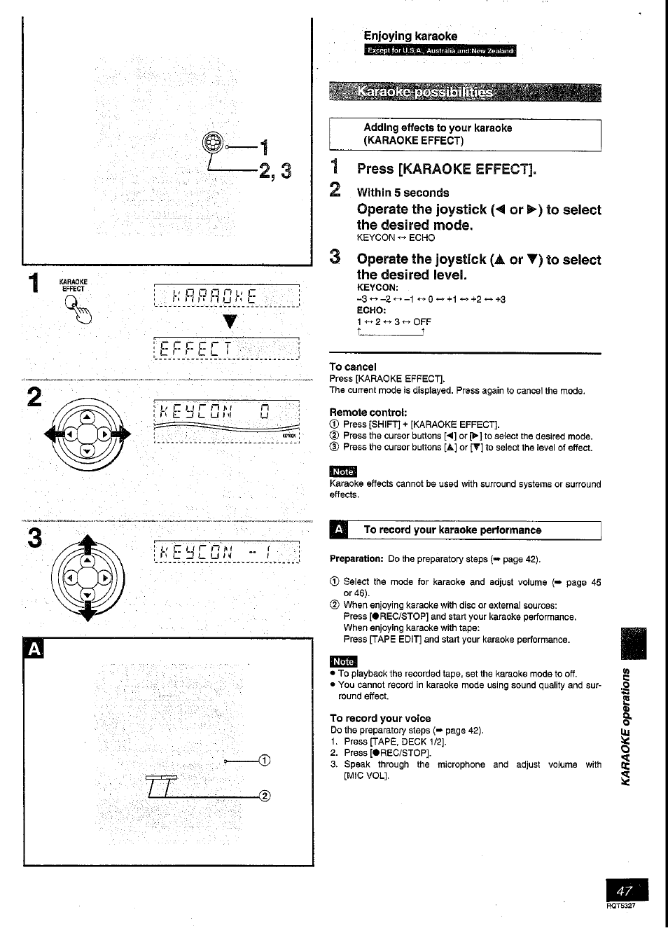 Adding effects to your karaoke (karaoke effect), Press [karaoke effect, Operate the joystick or to select the desired mode | To cancel, Remote control, To record your karaoke performance, To record your voice | Panasonic SC-DK2 User Manual | Page 47 / 64