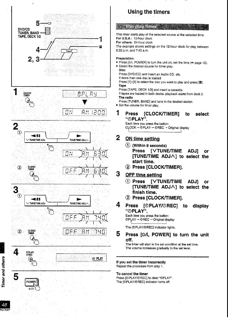 If you set the timer incorrectly, To cancel the timer, Using the timei^s | Panasonic SC-DK2 User Manual | Page 48 / 64