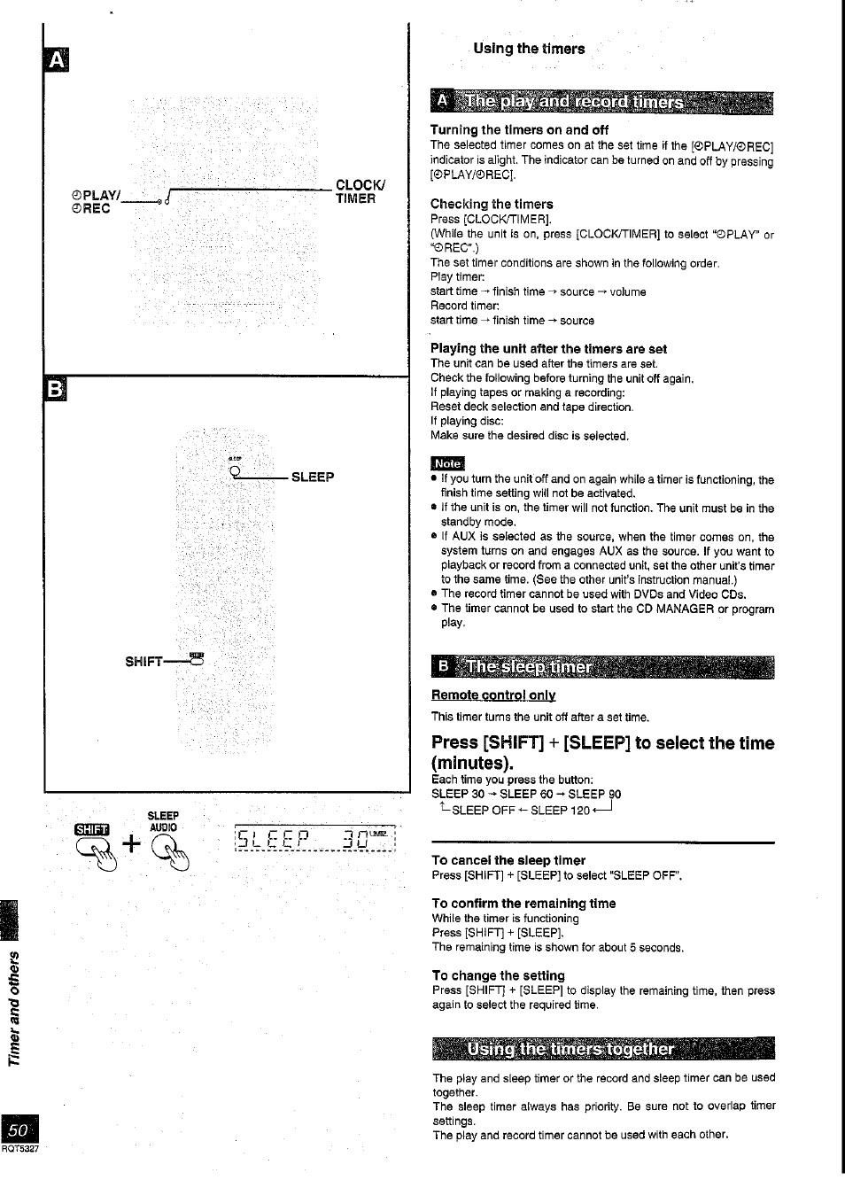 Turning the timers on and off, Checking the tinners, Playing the unit after the timers are set | To cancel the sleep timer, To confirm the remaining time, To change the setting | Panasonic SC-DK2 User Manual | Page 50 / 64