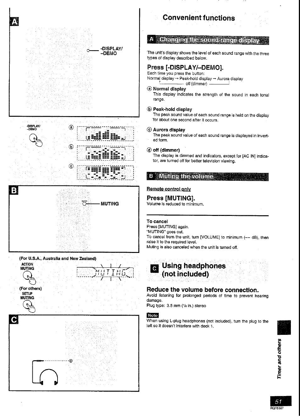 Convenient functions, Press [-display/-demo, Normal display | Peak-hold display, O) aurora display, Off (dimmer), Remote control only, Press [muting, To cancel, Using headphohes (not included) | Panasonic SC-DK2 User Manual | Page 51 / 64