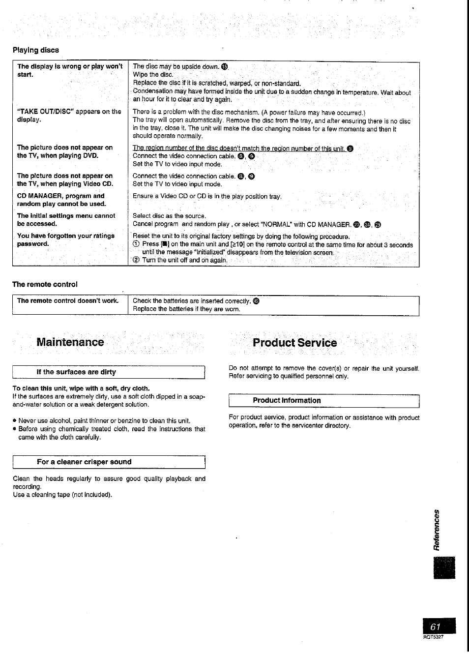 The remote control, Product seh/ice, For a cleaner crisper sound | Product service, Maintenance product seh/ice | Panasonic SC-DK2 User Manual | Page 61 / 64