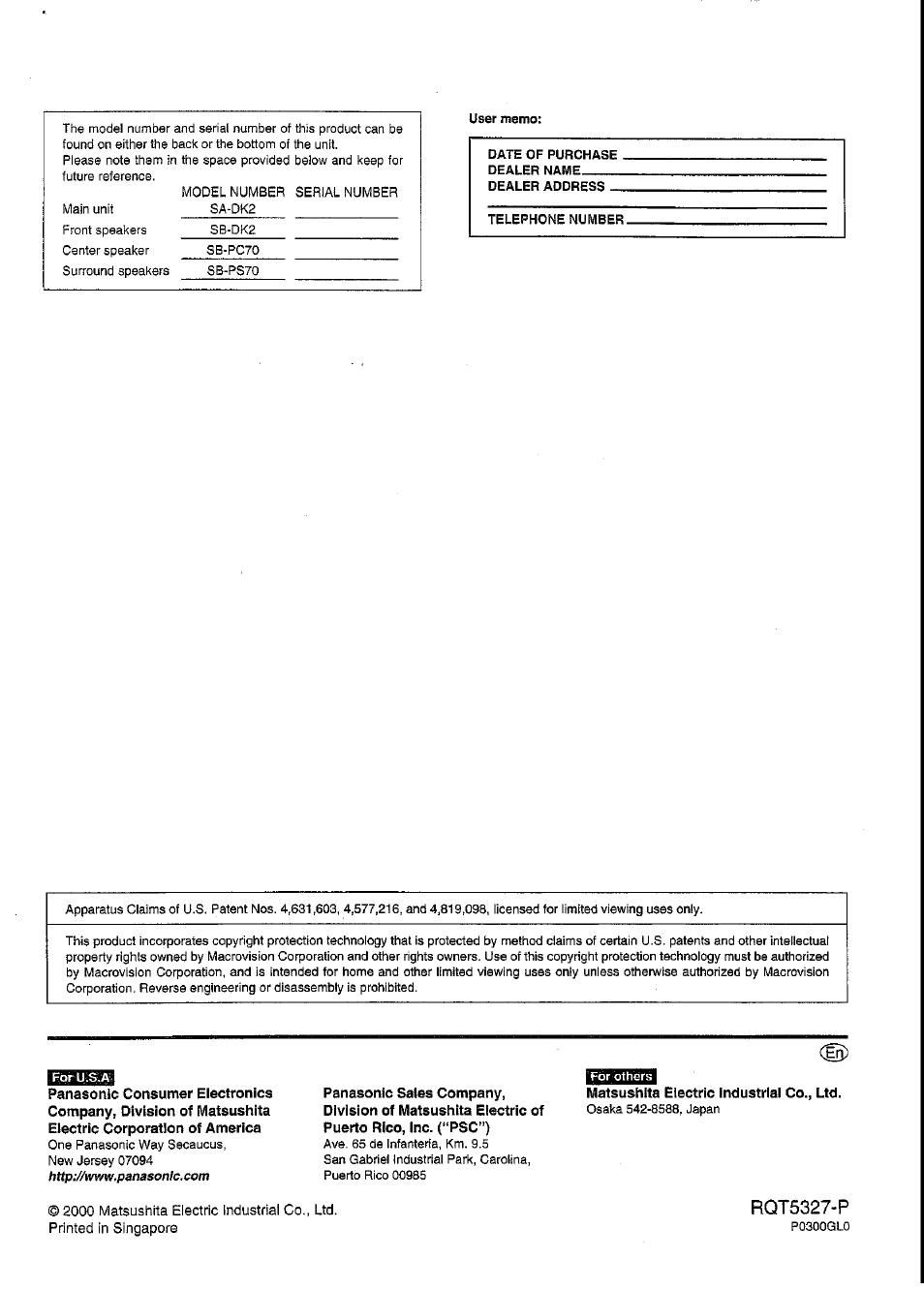 Matsushita electric industrial co., ltd, Rqt5327-p | Panasonic SC-DK2 User Manual | Page 64 / 64