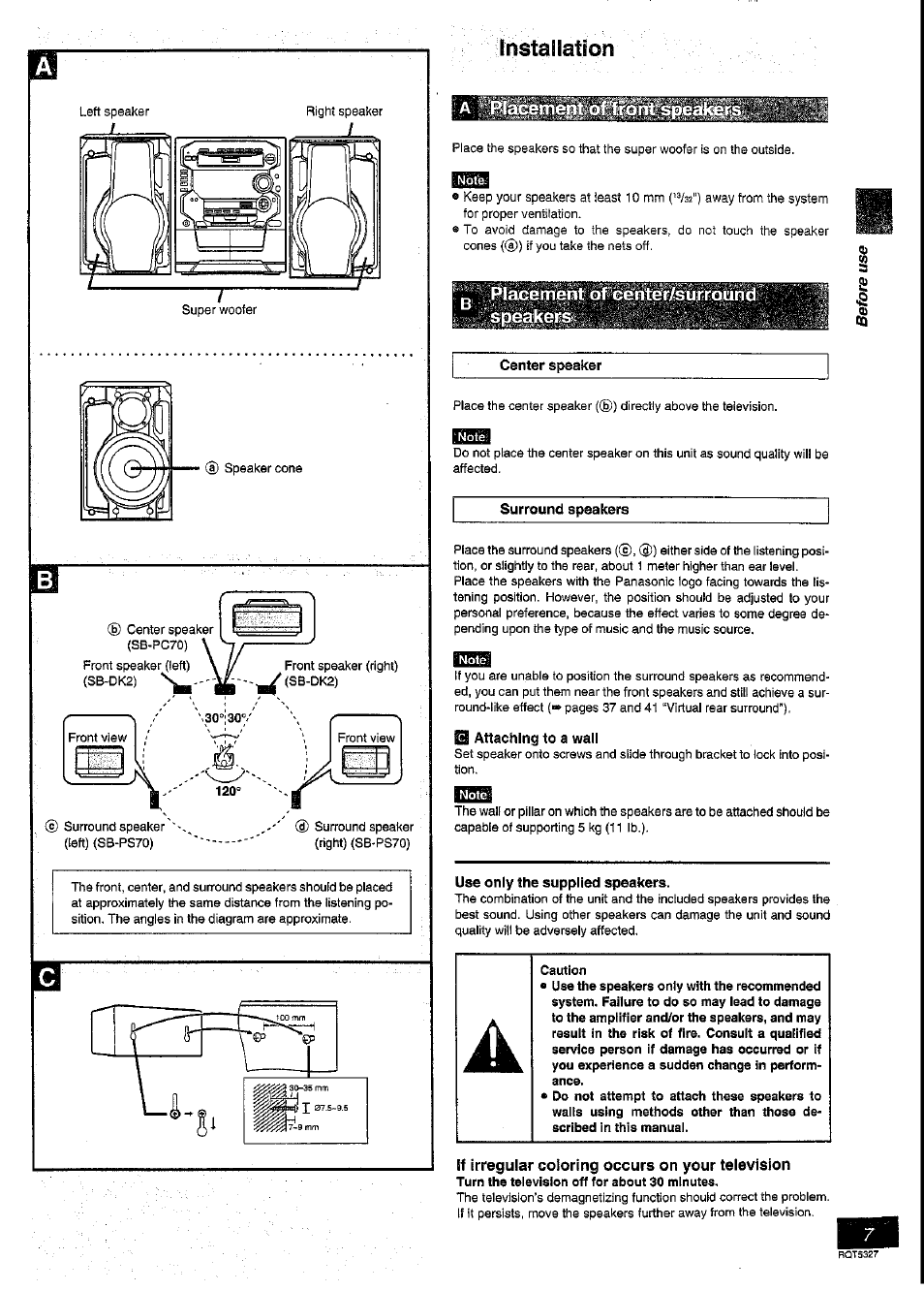 Installation, Q attaching to a wall, Use only the supplied speakers | Panasonic SC-DK2 User Manual | Page 7 / 64