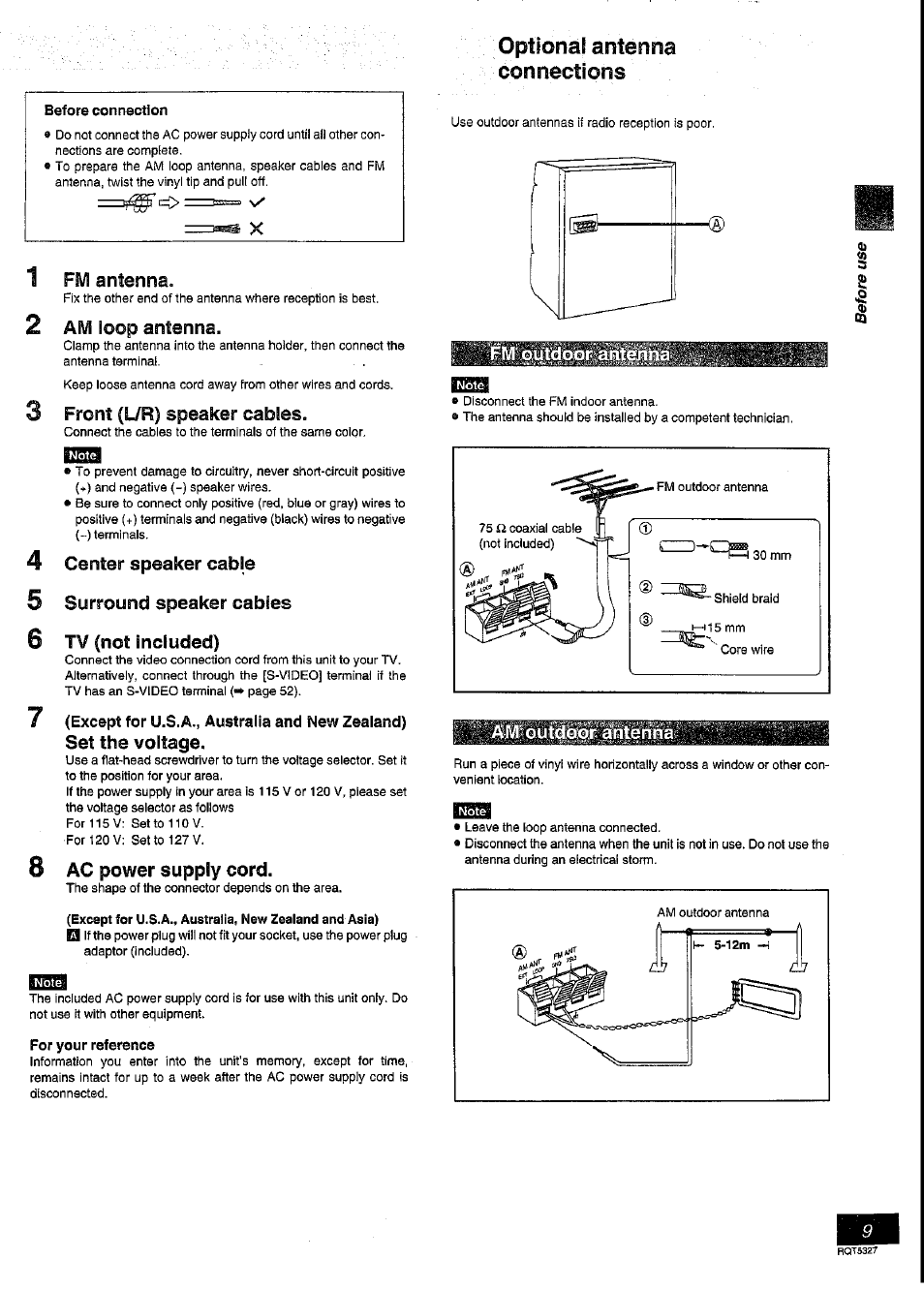 Optiona! antenna connections, Fm antenna, Am loop antenna | Front (l/r) speaker cables, 4 center speaker cable, 5 surround speaker cables, 6 tv (not included), 8 ac power supply cord, For your reference, Optional antenna connections | Panasonic SC-DK2 User Manual | Page 9 / 64