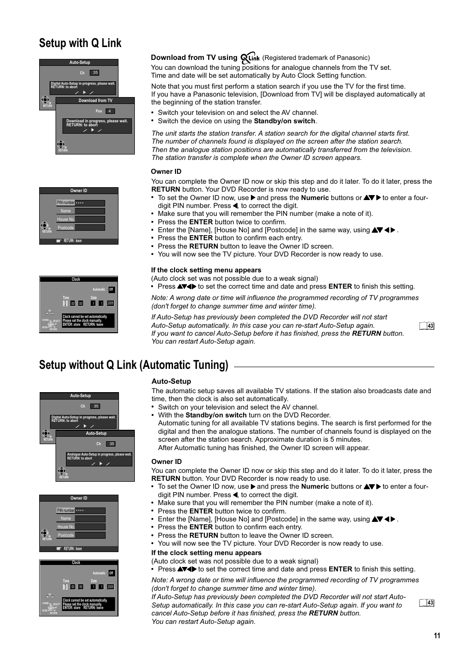 Seite11, Setup with q link, Setup without q link (automatic tuning) | Download from tv using, Press the enter button twice to confirm, Press the enter button to confirm each entry, Owner id | Panasonic DMR-ES20DEB User Manual | Page 11 / 56