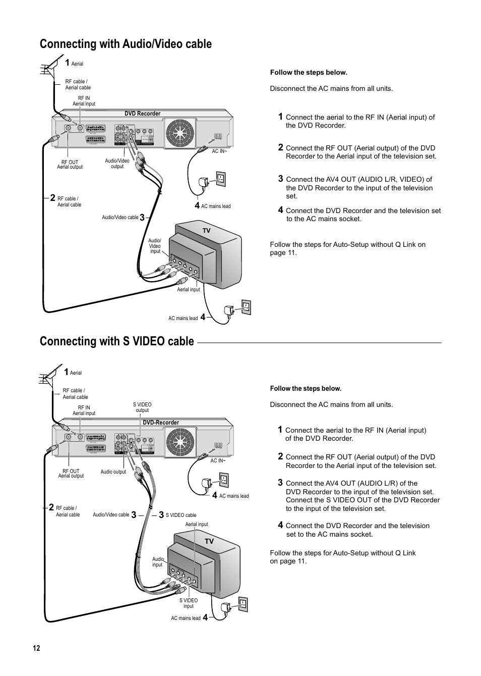 Seite12, Connecting with audio/video cable, Connecting with s video cable | Disconnect the ac mains from all units | Panasonic DMR-ES20DEB User Manual | Page 12 / 56