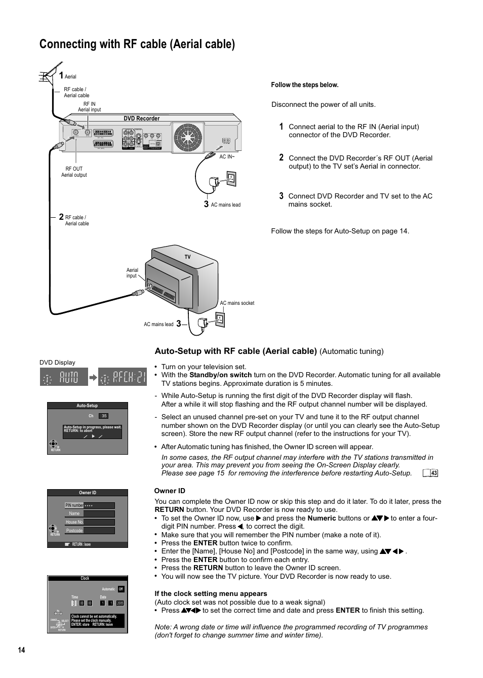 Seite14, Connecting with rf cable (aerial cable), Auto-setup with rf cable (aerial cable) | Automatic tuning), Follow the steps below, Turn on your television set, Press the enter button twice to confirm, Press the enter button to confirm each entry | Panasonic DMR-ES20DEB User Manual | Page 14 / 56