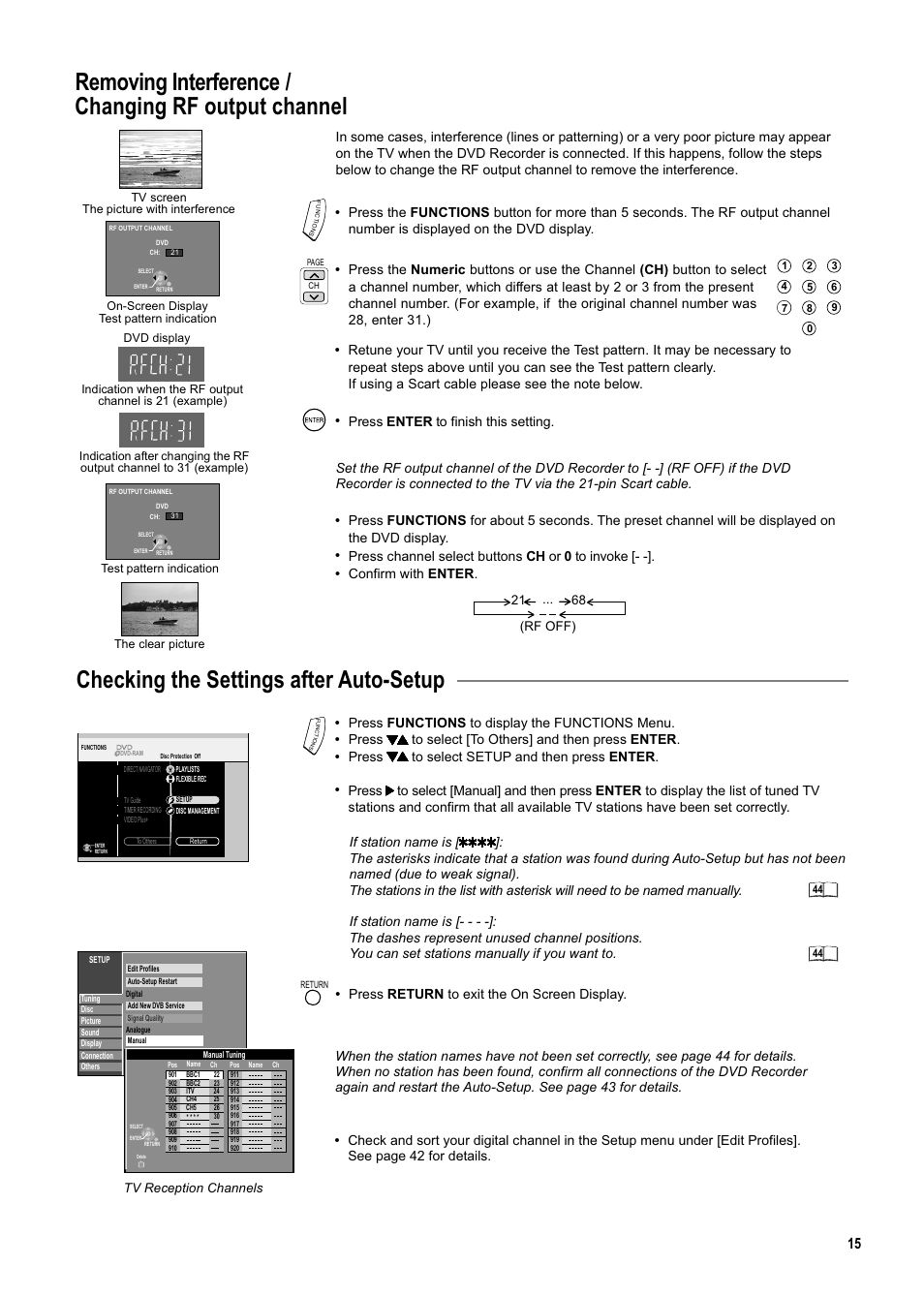 Seite15, Removing interference / changing rf output channel, Checking the settings after auto-setup | Press enter to finish this setting, Press channel select buttons ch or 0 to invoke, Press functions to display the functions menu, Press to select [to others] and then press enter, Press to select and then press enter . setup | Panasonic DMR-ES20DEB User Manual | Page 15 / 56