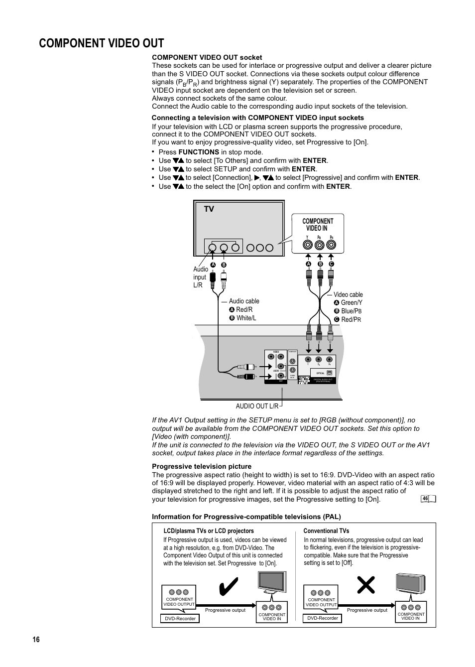 Seite16, Component video out, Press functions in stop mode | Use to select [to others] and confirm with enter, Use to select setup and confirm with enter, Video cable audio input l/r green/y blue/p, Red/p, Audio out l/r, Component video in | Panasonic DMR-ES20DEB User Manual | Page 16 / 56