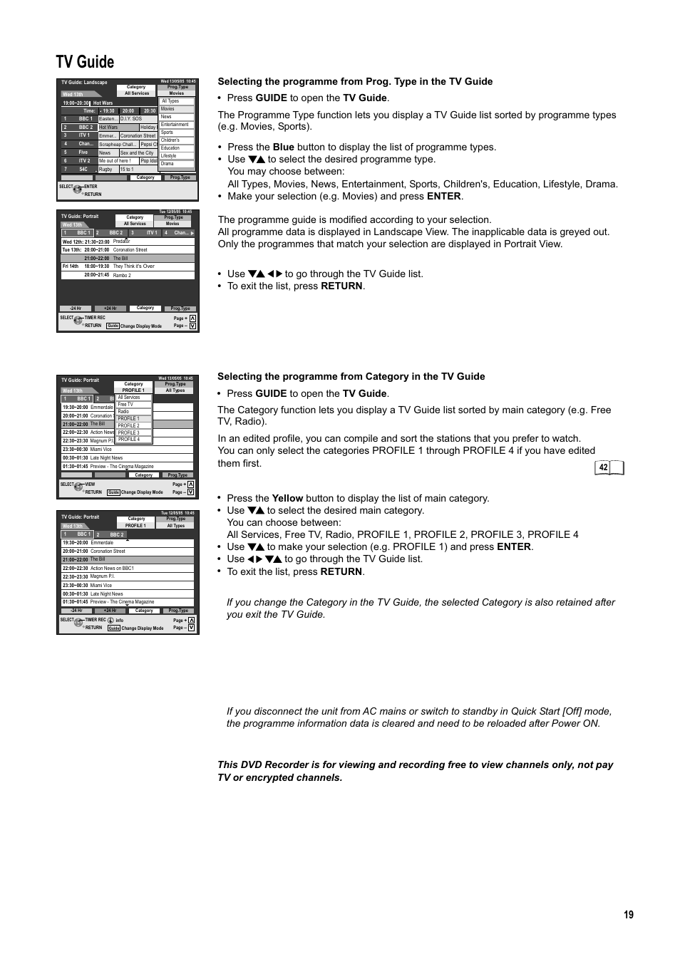 Seite19, Tv guide, Use to go through the tv guide list | Panasonic DMR-ES20DEB User Manual | Page 19 / 56