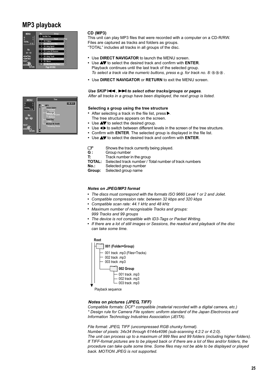 Seite25, Mp3 playback, Cd (mp3) | Use direct navigator to launch the menu screen, Use to select the desired group | Panasonic DMR-ES20DEB User Manual | Page 25 / 56