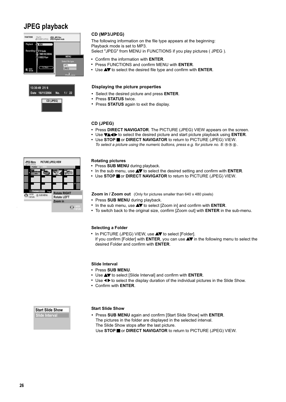 Seite26, Jpeg playback, Cd (jpeg) | Slide interval start slide show rotating pictures, Press sub menu during playback, Press sub menu, Confirm with enter, Displaying the picture properties, Select the desired picture and press enter, Press status twice | Panasonic DMR-ES20DEB User Manual | Page 26 / 56