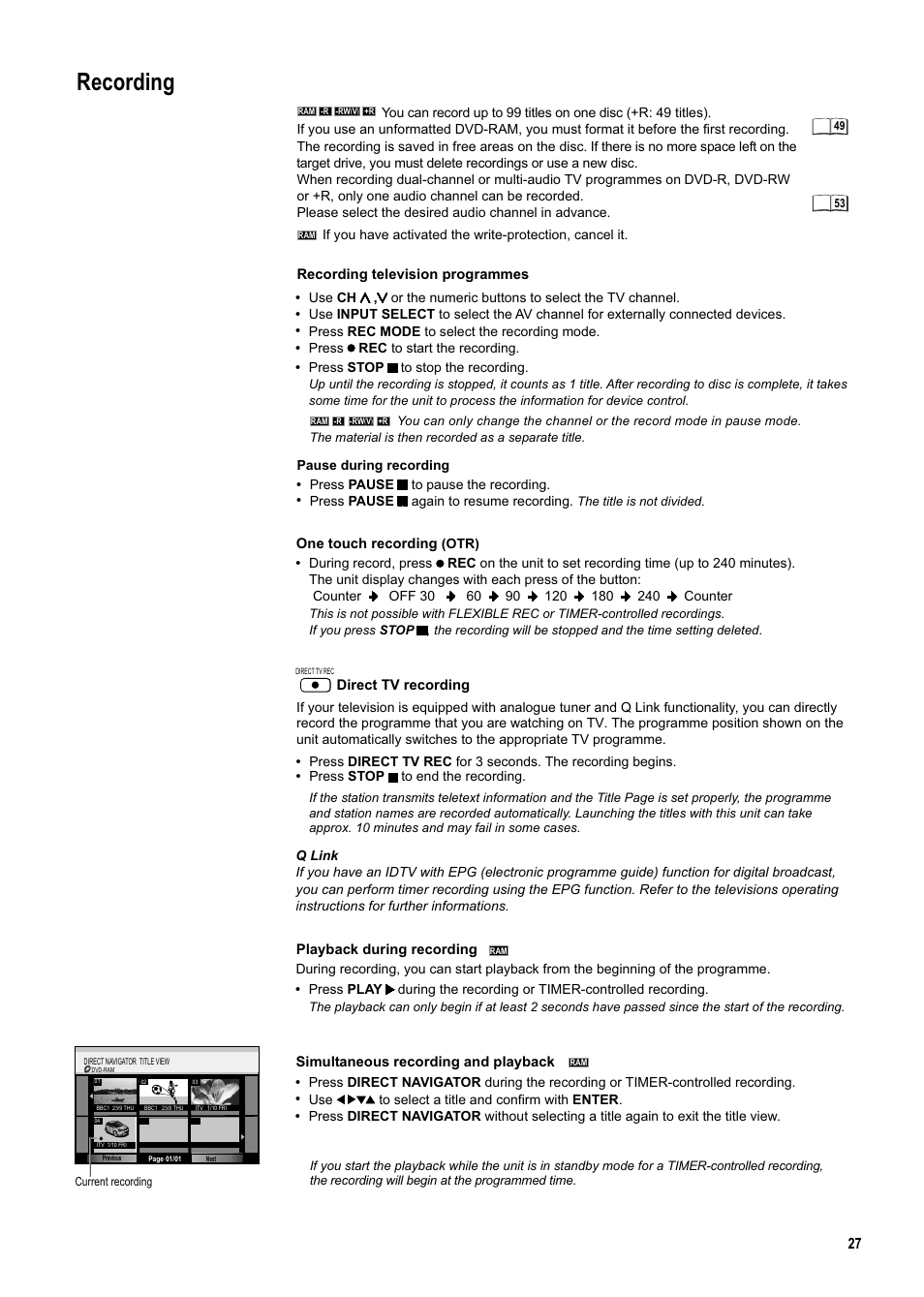Seite27, Recording | Panasonic DMR-ES20DEB User Manual | Page 27 / 56