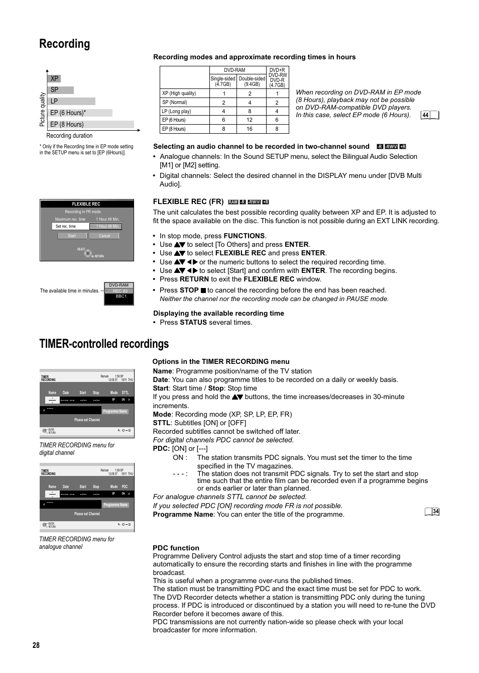 Seite28, Recording, Timer-controlled recordings | Xp sp lp ep (6 hours)* ep (8 hours), Use to select [to others] and press enter, Use to select flexible rec and press enter, Press return to exit the flexible rec window, Press stop, Displaying the available recording time, Options in the timer recording menu | Panasonic DMR-ES20DEB User Manual | Page 28 / 56