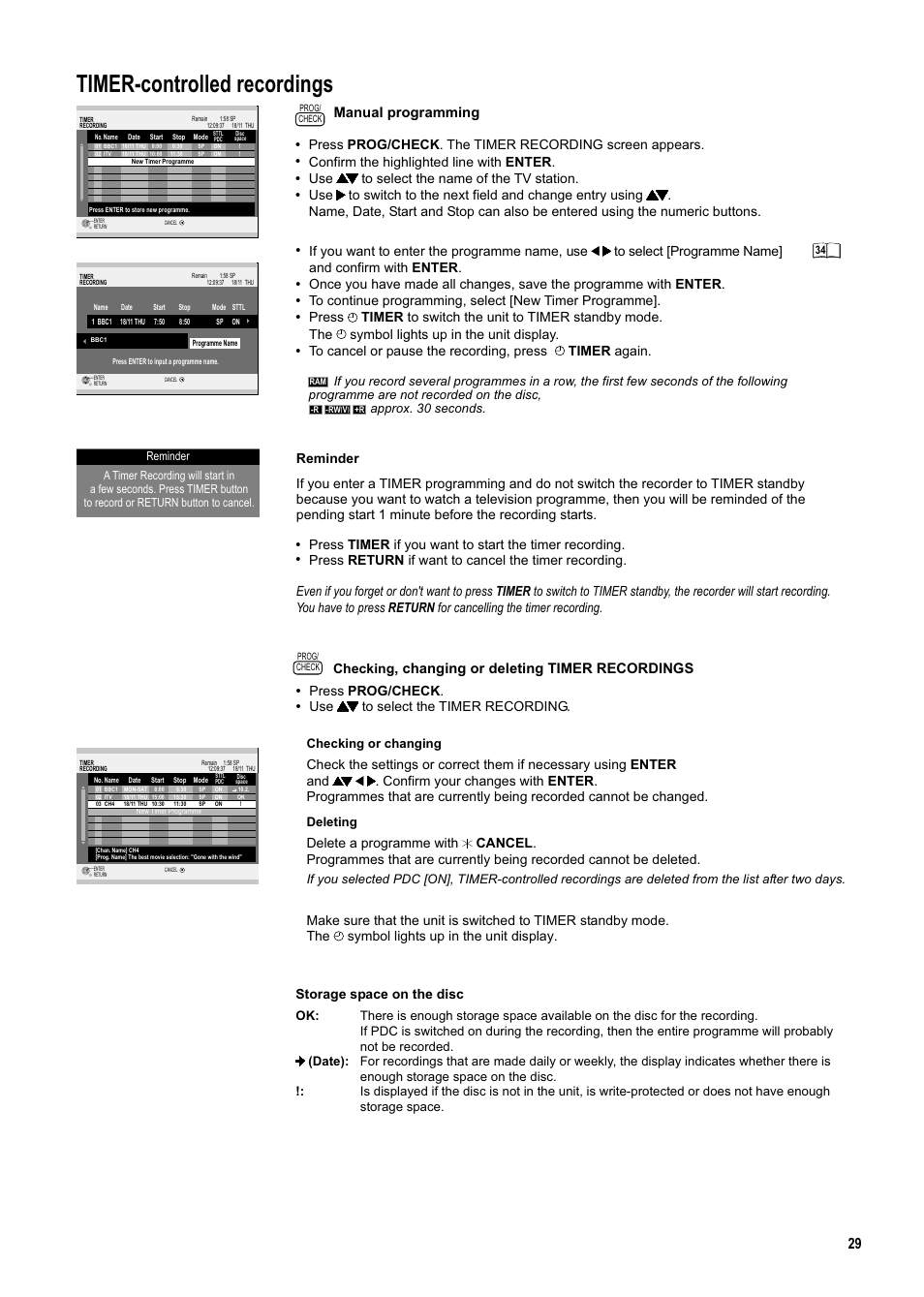 Seite29, Timer-controlled recordings, Manual programming | Confirm the highlighted line with enter, Use to select the name of the tv station, Reminder, Press prog/check, Storage space on the disc | Panasonic DMR-ES20DEB User Manual | Page 29 / 56