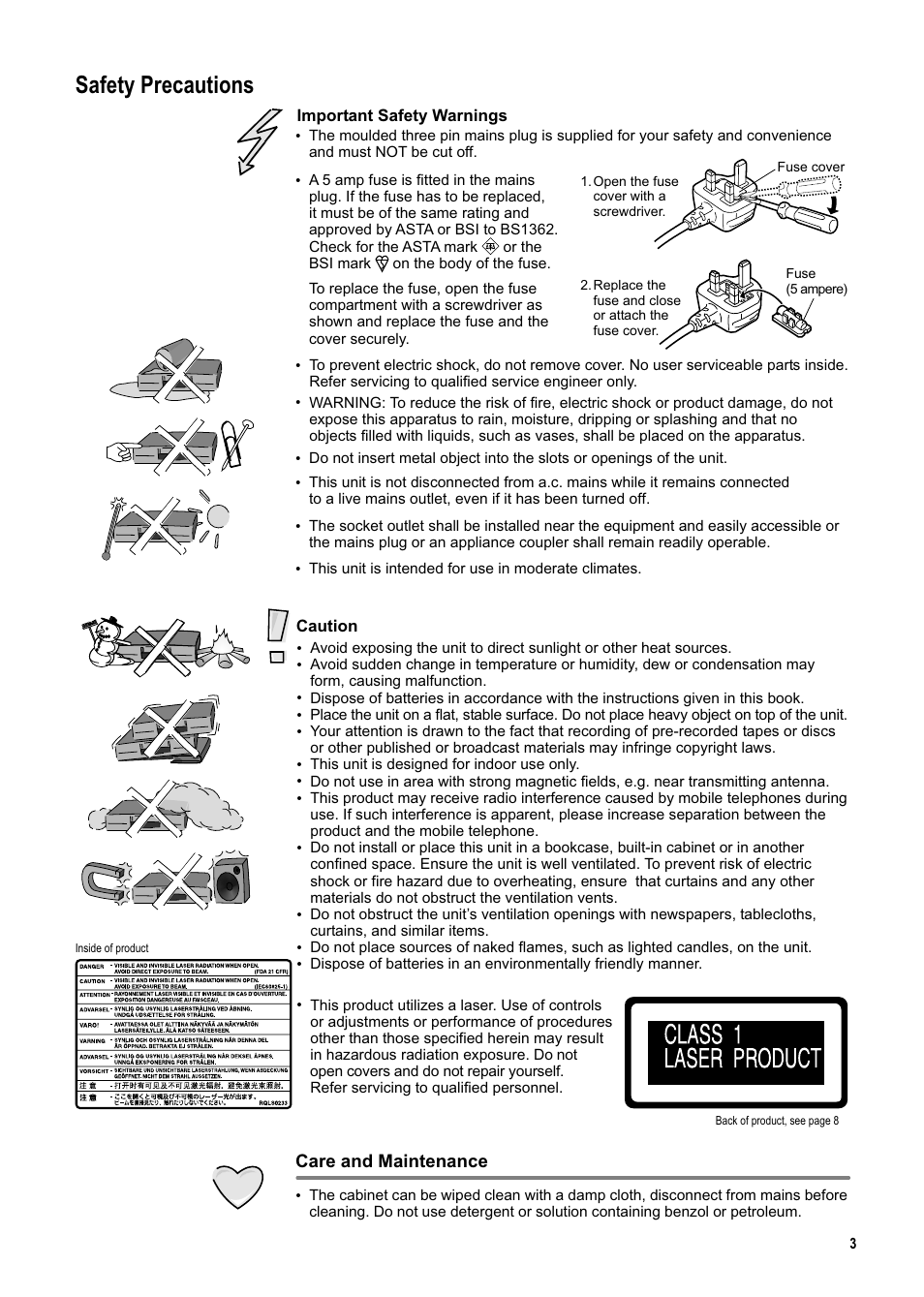 Seite3, Safety precautions, Care and maintenance | Panasonic DMR-ES20DEB User Manual | Page 3 / 56
