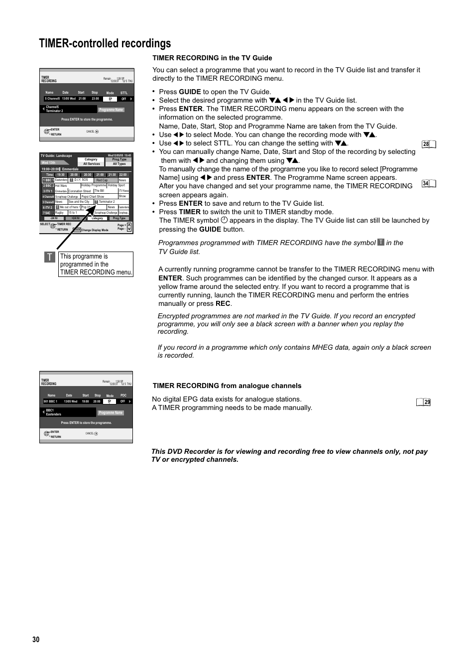 Seite30, Timer-controlled recordings, Press guide to open the tv guide | Select the desired programme with | Panasonic DMR-ES20DEB User Manual | Page 30 / 56