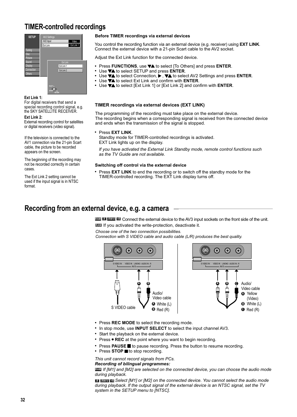 Seite32, Timer-controlled recordings, Recording from an external device, e.g. a camera | Panasonic DMR-ES20DEB User Manual | Page 32 / 56