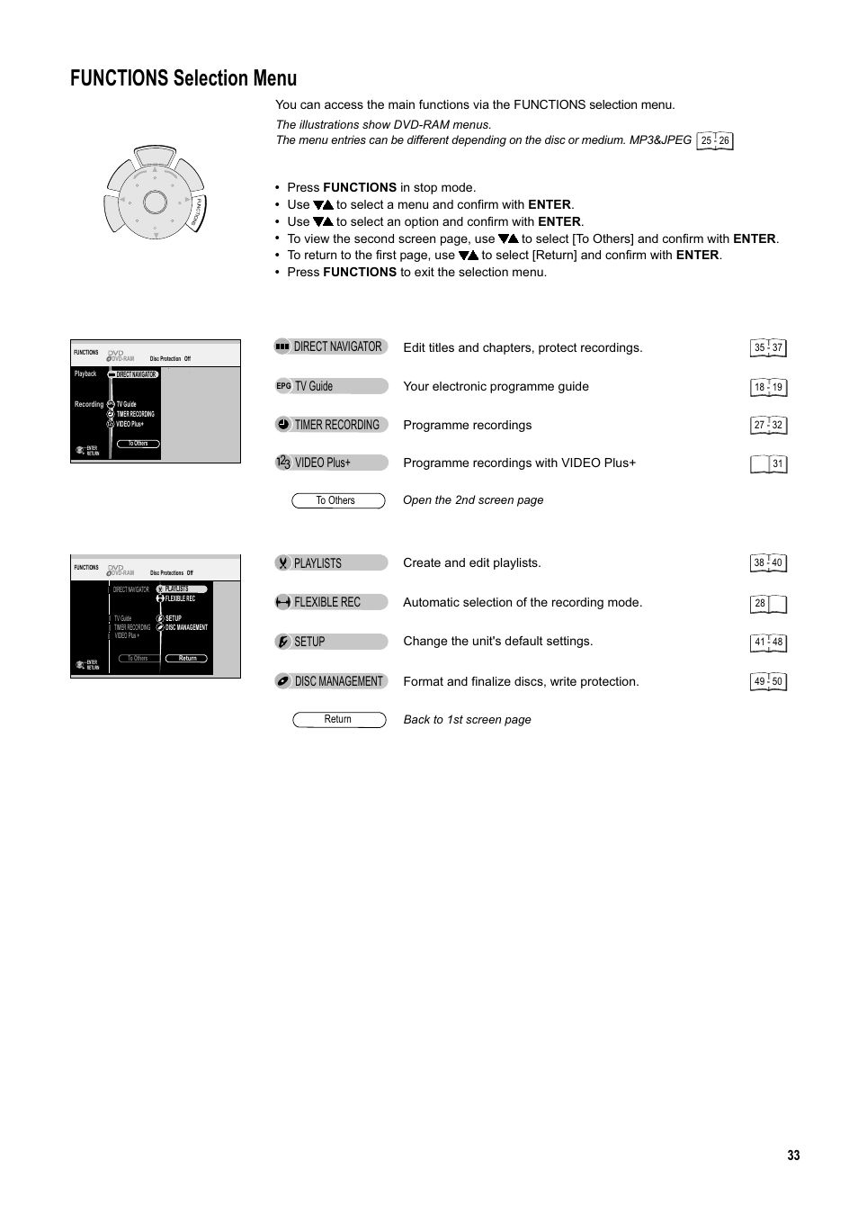 Seite33, Functions selection menu, Direct navigator | Press functions in stop mode, Use to select a menu and confirm with enter, Use to select an option and confirm with enter, Programme recordings with video plus, Video plus+ 23 tv guide | Panasonic DMR-ES20DEB User Manual | Page 33 / 56