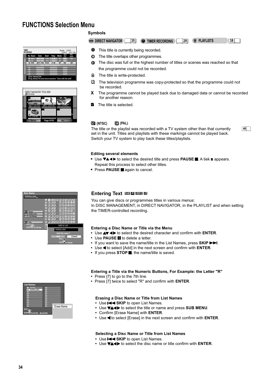 Seite34, Functions selection menu, Entering text | Press [7] to go to the 7th line, Use skip to open list names, Use to select the title or name and press sub menu, Confirm [erase name] with enter, The programme could not be recorded, The title is write-protected, The television programme was copy-protected | Panasonic DMR-ES20DEB User Manual | Page 34 / 56