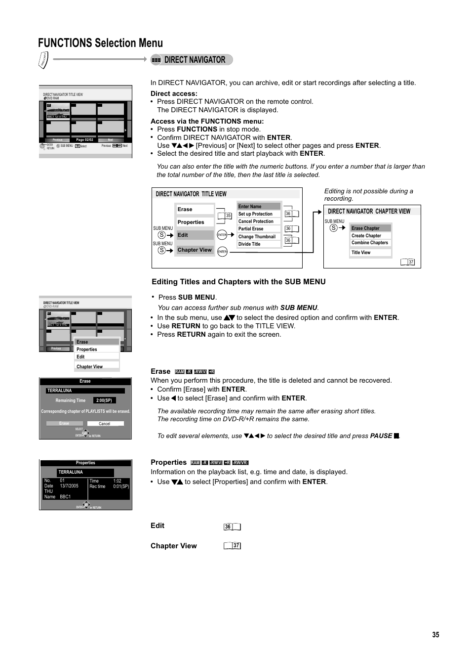 Seite35, Functions selection menu, Direct navigator | Editing titles and chapters with the sub menu, Access via the functions menu, Press functions in stop mode, Confirm [erase] with enter, Edit, You can access further sub menus with sub menu, Press sub menu . direct access | Panasonic DMR-ES20DEB User Manual | Page 35 / 56