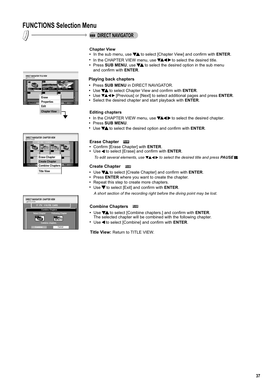 Seite37, Functions selection menu, Direct navigator | Create chapter, Press enter where you want to create the chapter, Repeat this step to create more chapters, Use to select [exit] and confirm with enter, Combine chapters, Use to select [erase] and confirm with enter, Title view: return to title view. chapter view | Panasonic DMR-ES20DEB User Manual | Page 37 / 56