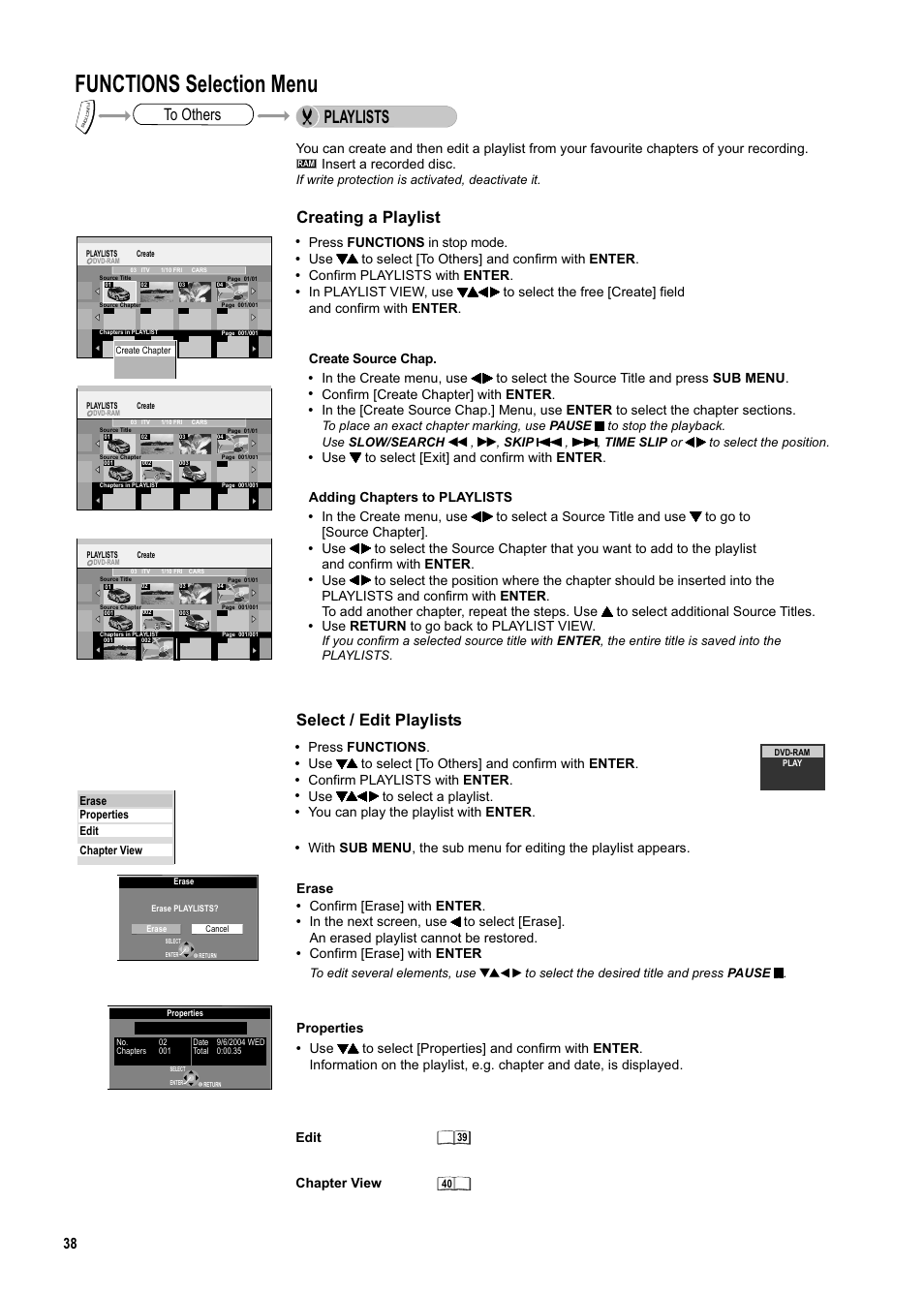 Seite38, Functions selection menu, Playlists | Creating a playlist, Select / edit playlists, Insert a recorded disc, Confirm [create chapter] with enter, Use to select [exit] and confirm with enter, Press functions in stop mode, Use to select [to others] and confirm with enter | Panasonic DMR-ES20DEB User Manual | Page 38 / 56