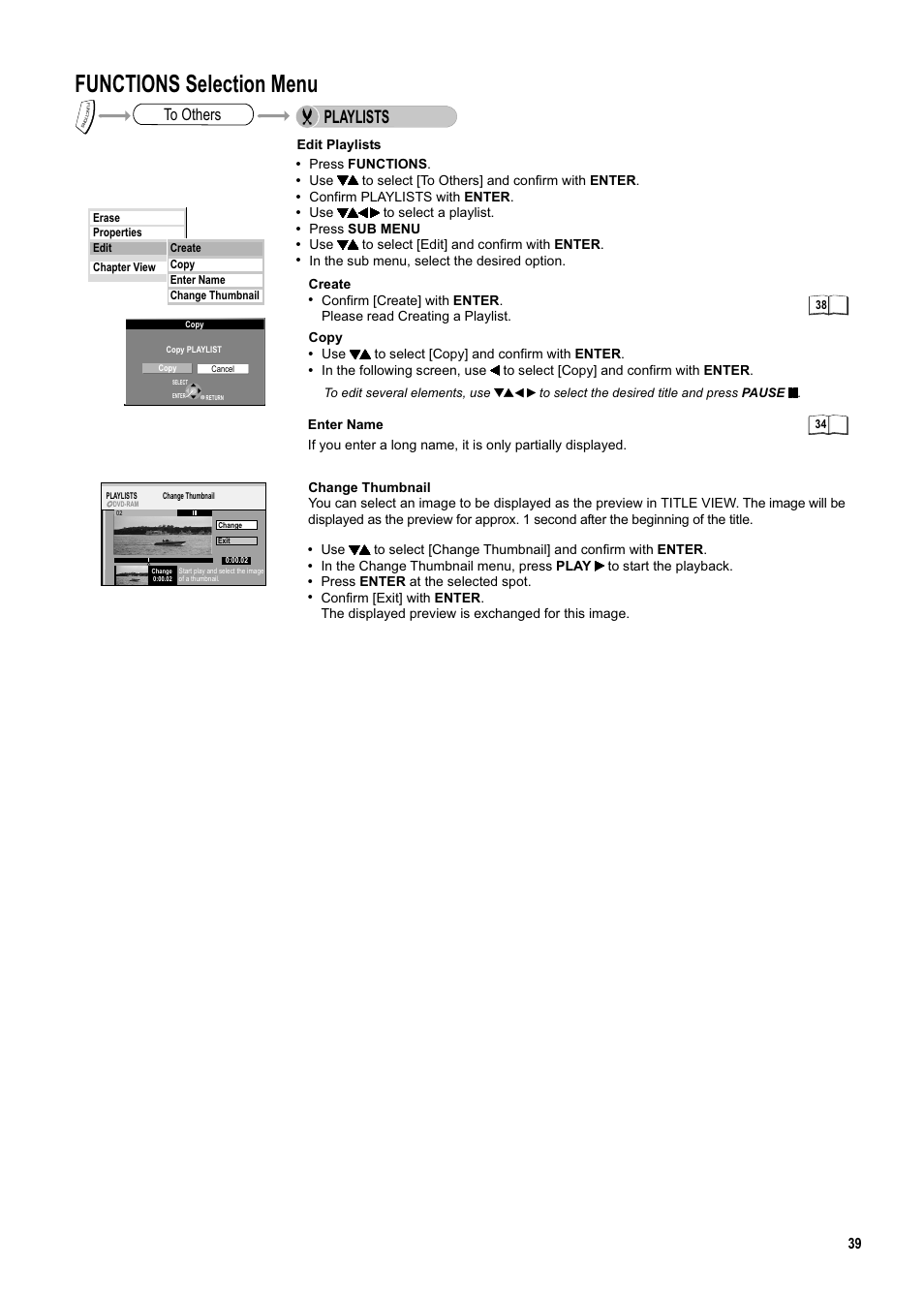 Seite39, Functions selection menu, Playlists | Panasonic DMR-ES20DEB User Manual | Page 39 / 56