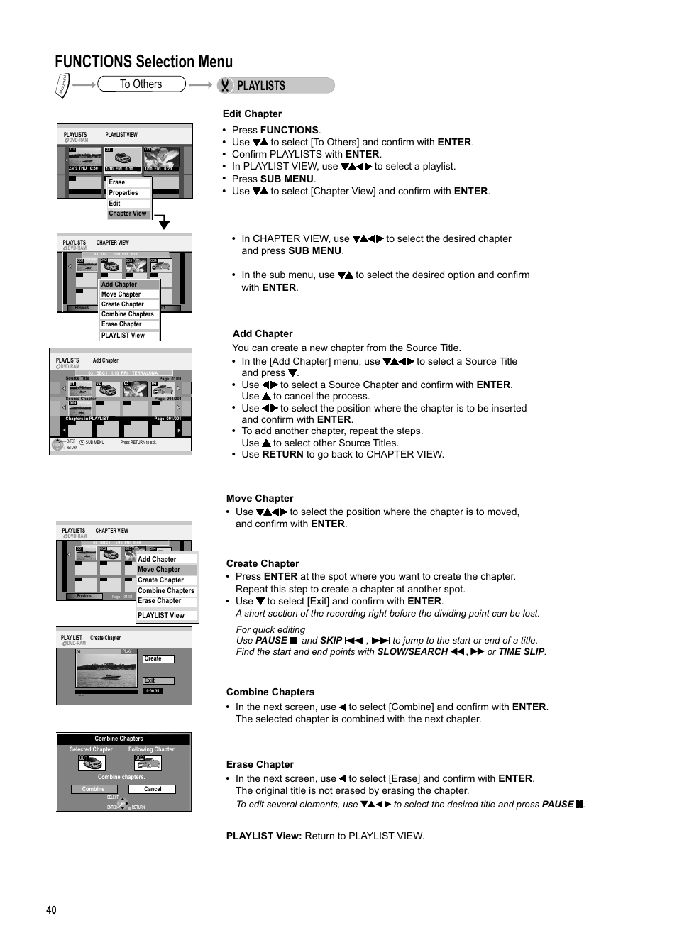 Seite40, Functions selection menu, Playlists | Add chapter, Press functions, Use to select [to others] and confirm with enter, Confirm playlists with enter, Press sub menu, Use return to go back to chapter view, Create chapter | Panasonic DMR-ES20DEB User Manual | Page 40 / 56