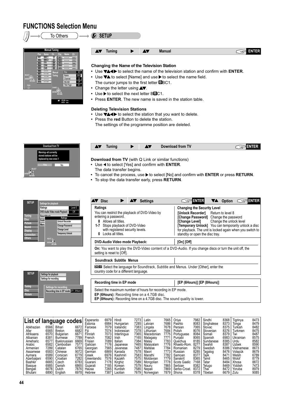 Seite44, Functions selection menu, List of language codes | Setup | Panasonic DMR-ES20DEB User Manual | Page 44 / 56