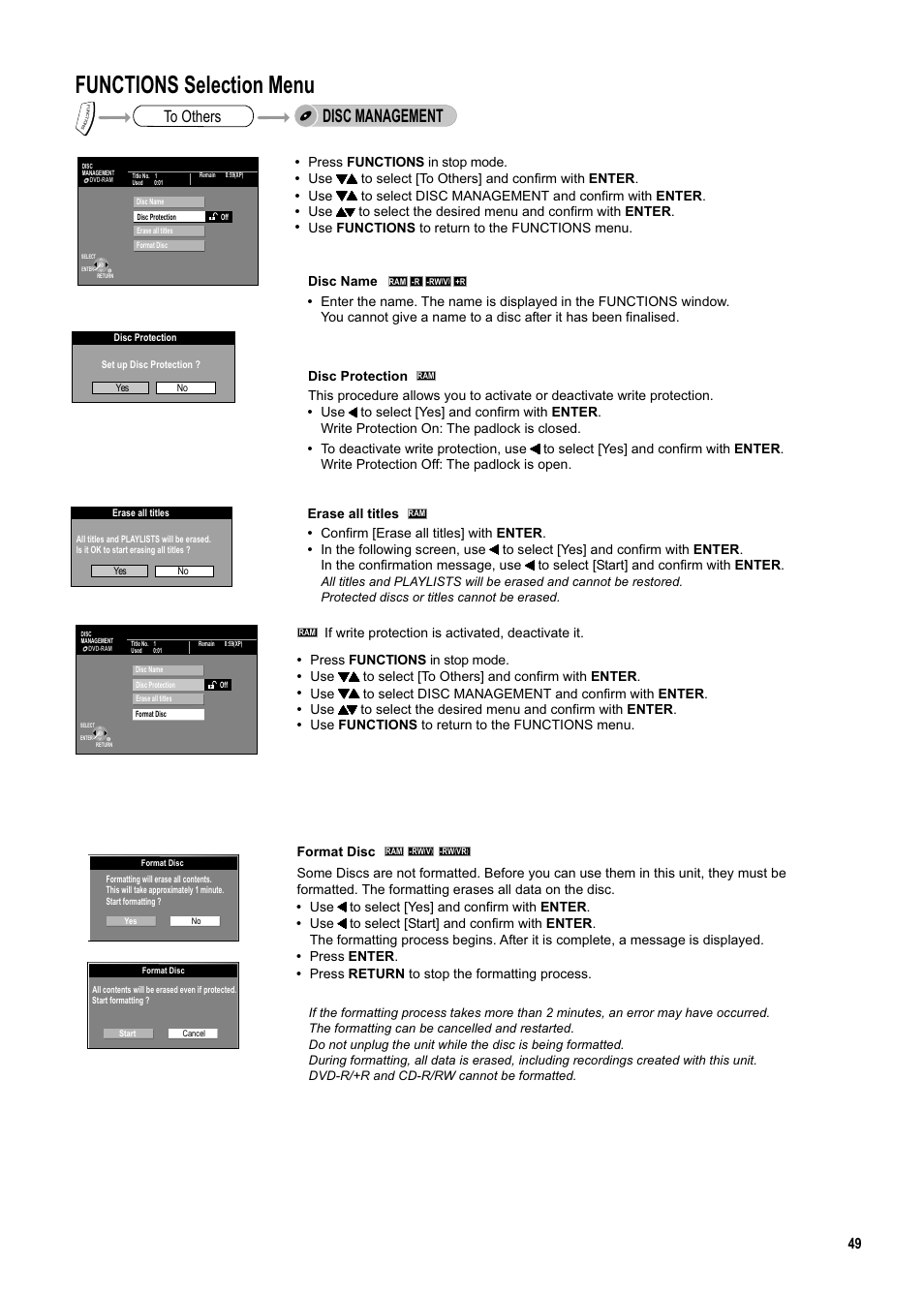 Seite49, Functions selection menu, Disc management | Press functions in stop mode, Use to select [to others] and confirm with enter, Confirm, Erase all titles] with enter, Use to select [yes] and confirm with enter, Press enter, Press return to stop the formatting process | Panasonic DMR-ES20DEB User Manual | Page 49 / 56