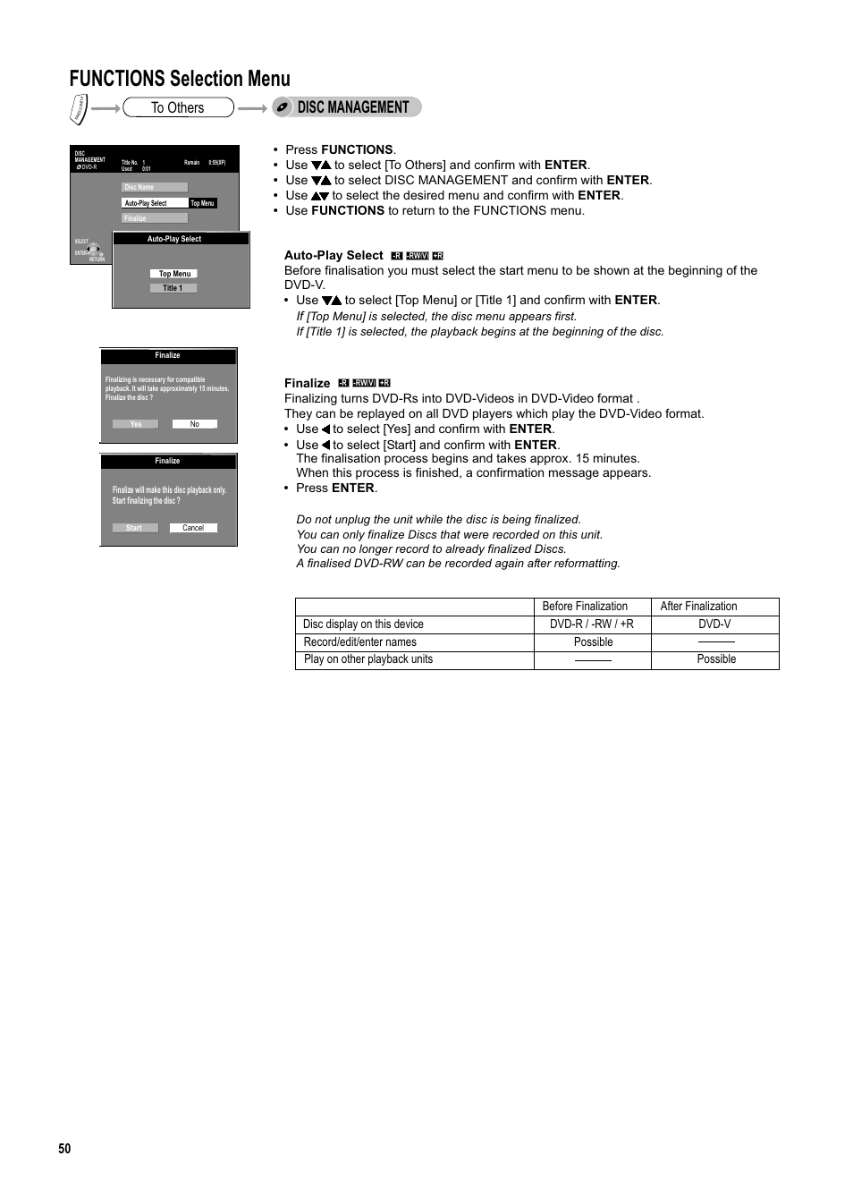 Seite50, Functions selection menu, Disc management | Use to select [yes] and confirm with enter, Press enter, Press functions, Use to select [to others] and confirm with enter | Panasonic DMR-ES20DEB User Manual | Page 50 / 56