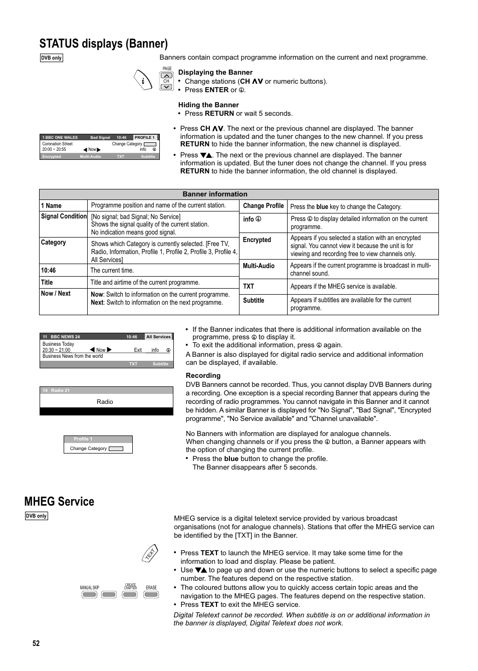 Seite52, Status displays (banner), Mheg service | Panasonic DMR-ES20DEB User Manual | Page 52 / 56
