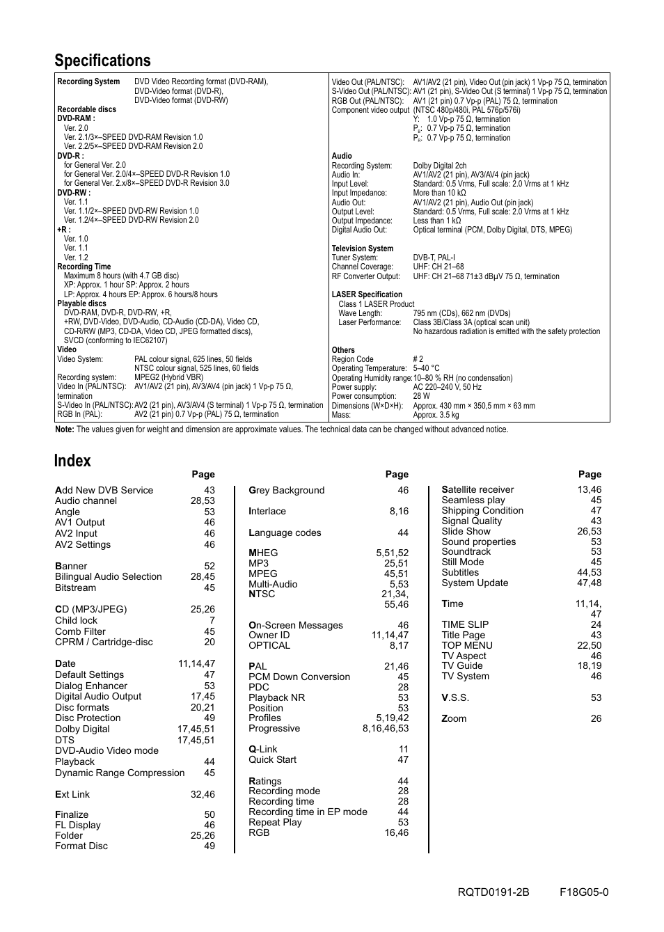 Seite56, Index, Specifications | Panasonic DMR-ES20DEB User Manual | Page 56 / 56