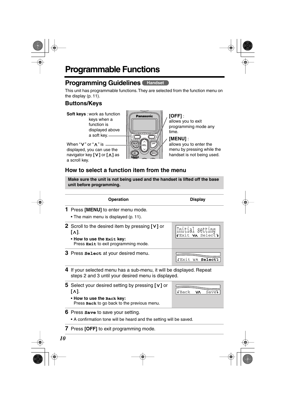 Programmable functions, Initial setting, Programming guidelines | Panasonic KX TG2258PW User Manual | Page 10 / 72