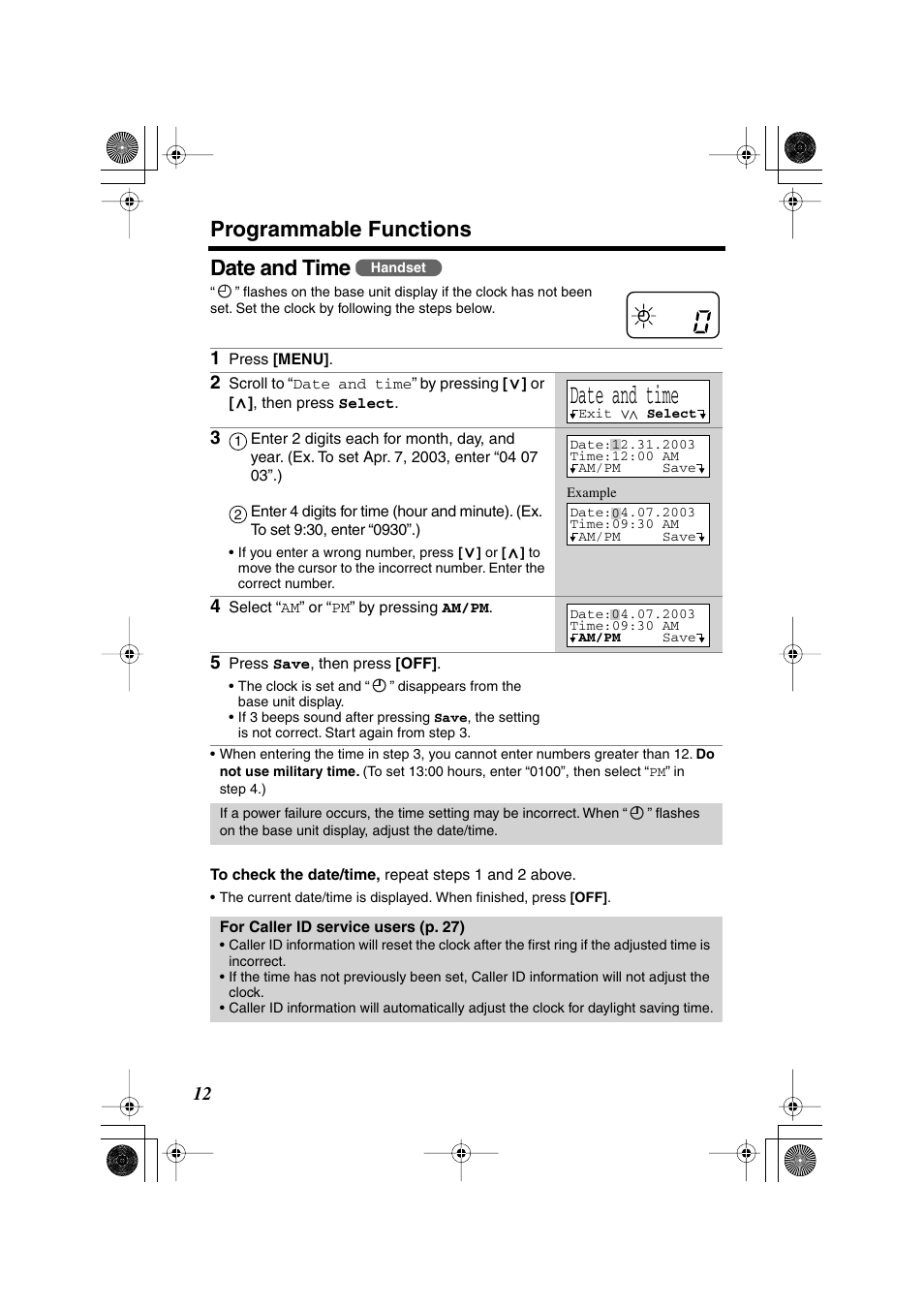 Programmable functions, Date and time | Panasonic KX TG2258PW User Manual | Page 12 / 72