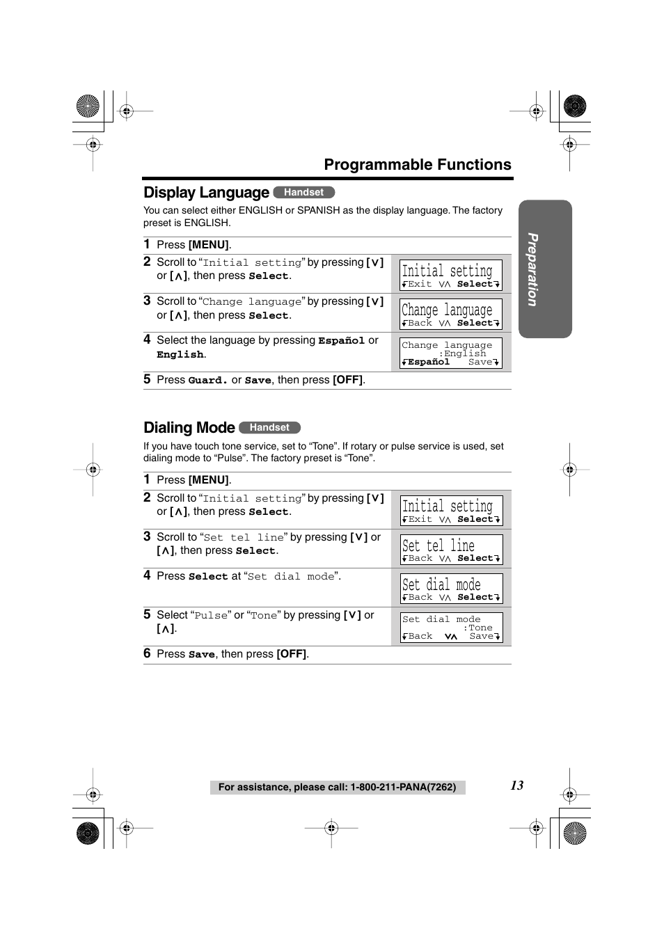 Initial setting, Change language, Set tel line | Set dial mode, Programmable functions display language, Dialing mode | Panasonic KX TG2258PW User Manual | Page 13 / 72