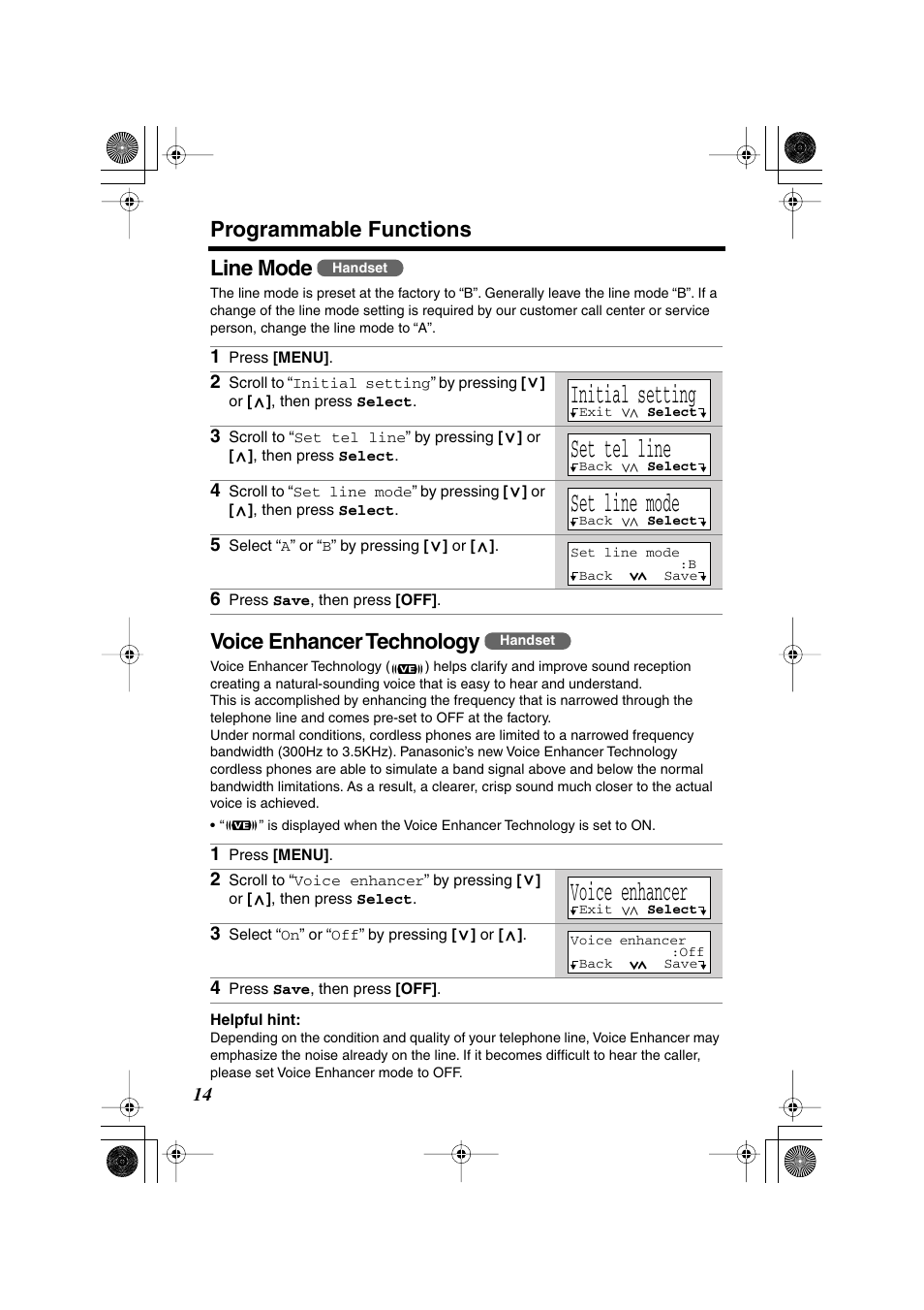 Initial setting, Set tel line, Set line mode | Voice enhancer, Programmable functions, Line mode, Voice enhancer technology | Panasonic KX TG2258PW User Manual | Page 14 / 72