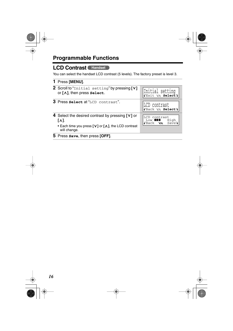 Initial setting, Programmable functions, Lcd contrast | Panasonic KX TG2258PW User Manual | Page 16 / 72