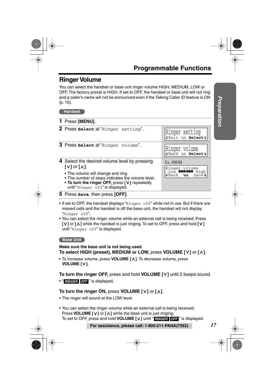 Ringer setting, Ringer volume, Programmable functions ringer volume | Panasonic KX TG2258PW User Manual | Page 17 / 72