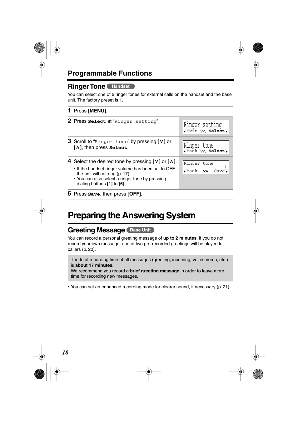 Preparing the answering system, Ringer setting, Ringer tone | Programmable functions ringer tone, Greeting message | Panasonic KX TG2258PW User Manual | Page 18 / 72
