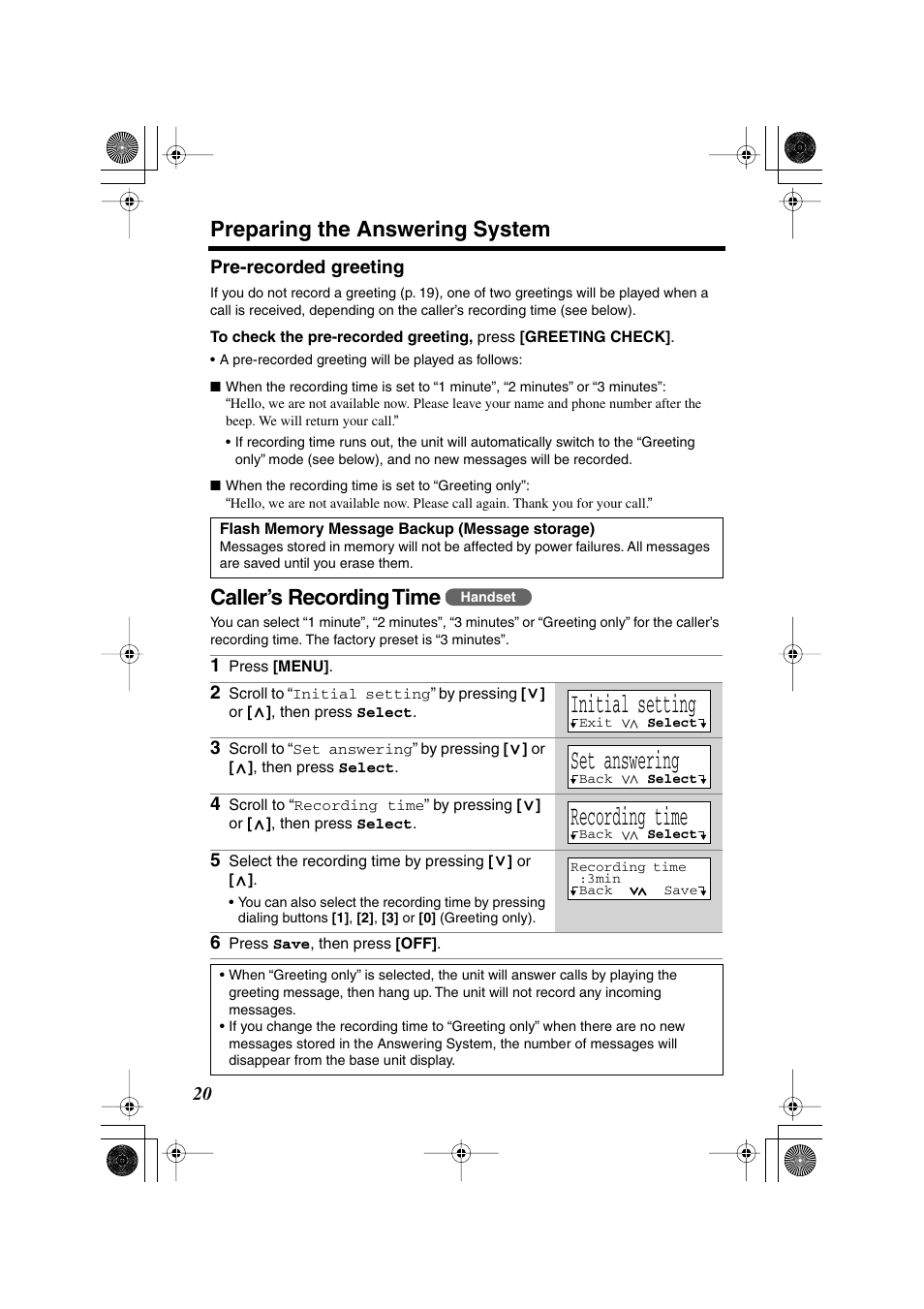 Initial setting, Set answering, Recording time | Preparing the answering system, Caller’s recording time | Panasonic KX TG2258PW User Manual | Page 20 / 72