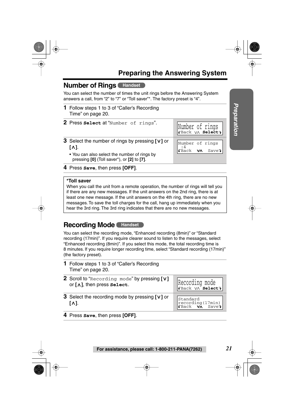 Number of rings, Preparing the answering system number of rings, Recording mode | Panasonic KX TG2258PW User Manual | Page 21 / 72