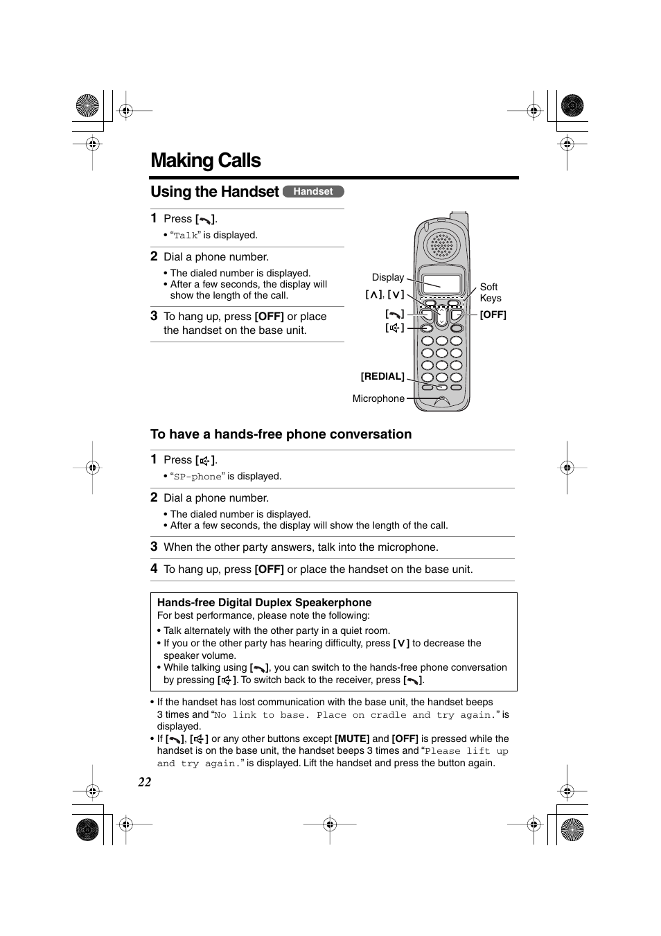 Cordless telephone, Making calls, Using the handset | Panasonic KX TG2258PW User Manual | Page 22 / 72