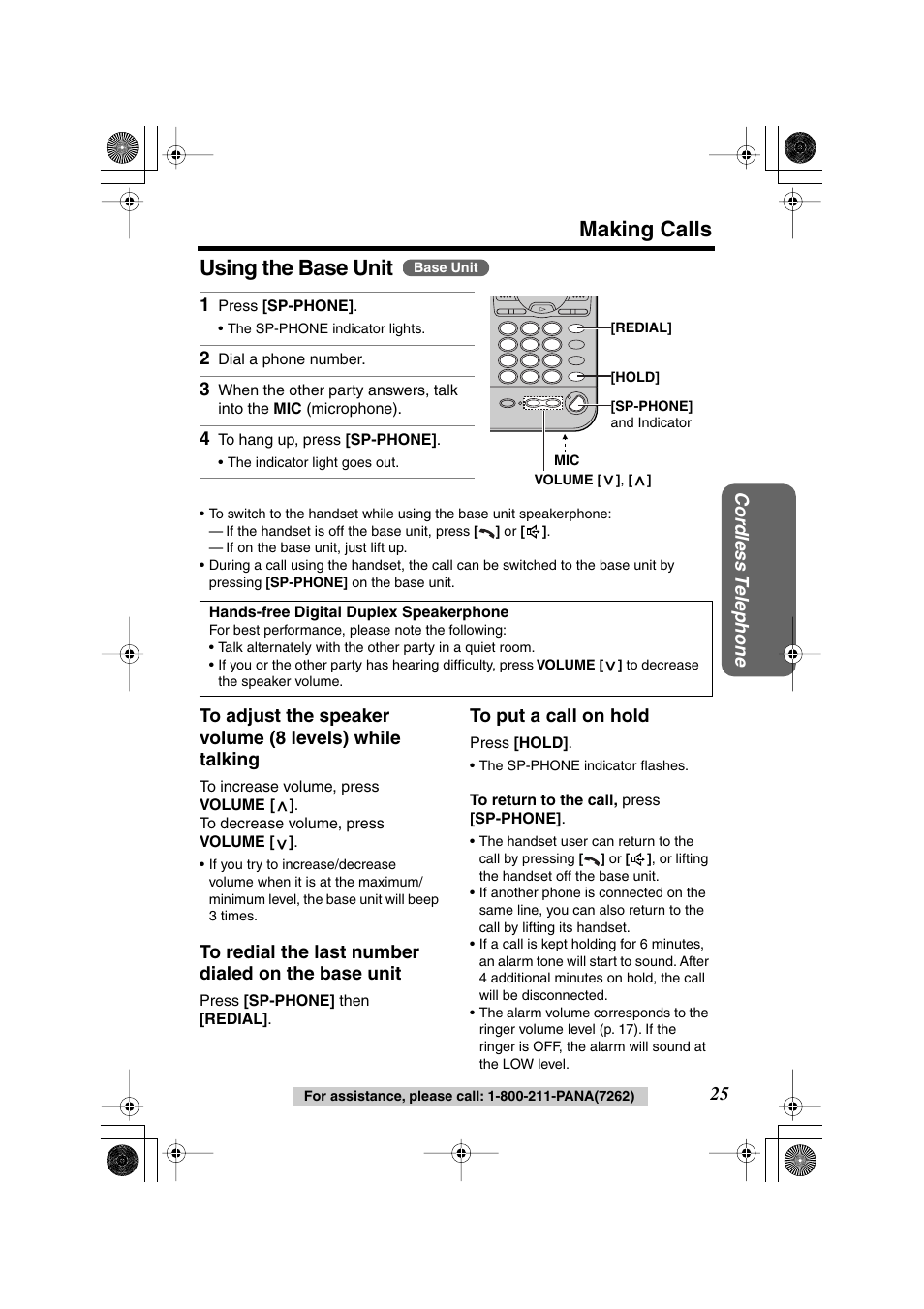 Making calls, Using the base unit | Panasonic KX TG2258PW User Manual | Page 25 / 72