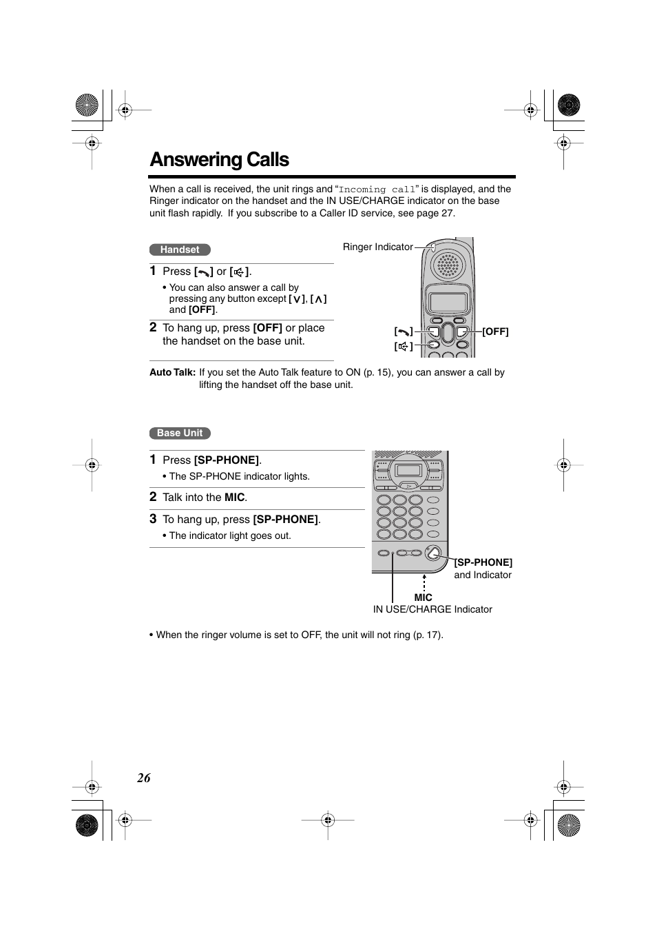 Answering calls | Panasonic KX TG2258PW User Manual | Page 26 / 72