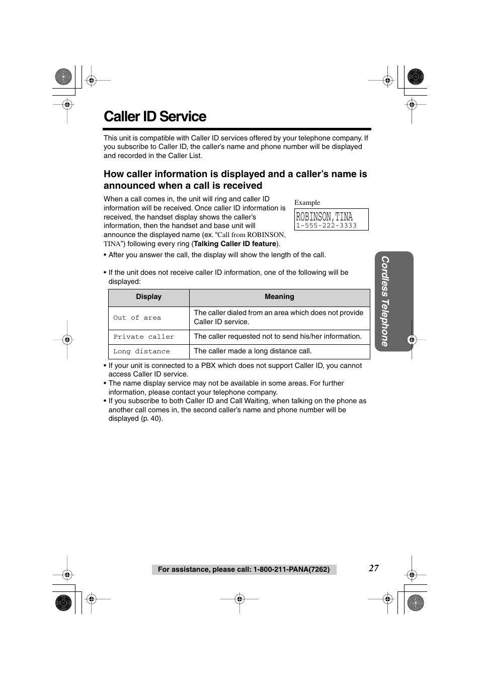 Caller id service, Robinson,tina | Panasonic KX TG2258PW User Manual | Page 27 / 72
